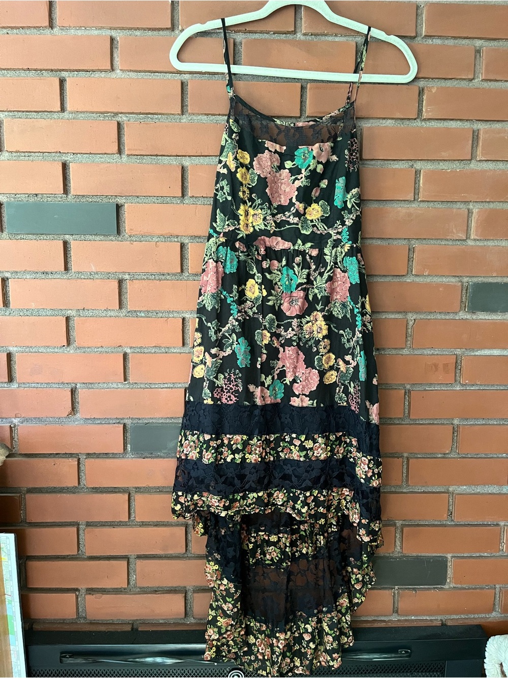 American Rag Black Floral Hi-Low Sundress Dress with Lace Accents